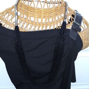 Black bead and silver long necklace